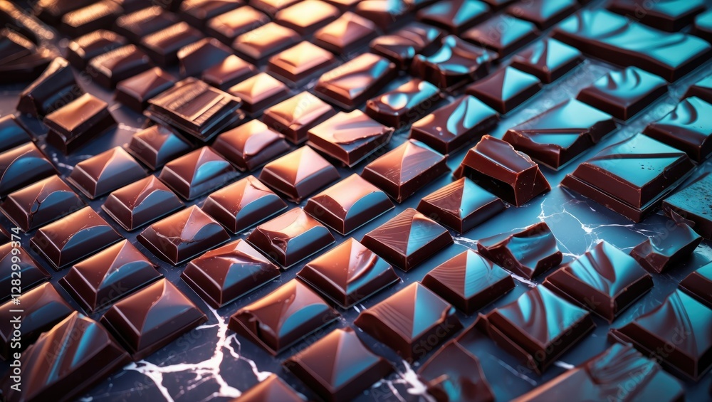 Poster assorted chocolate pieces arranged on a reflective surface with dramatic lighting and rich textures