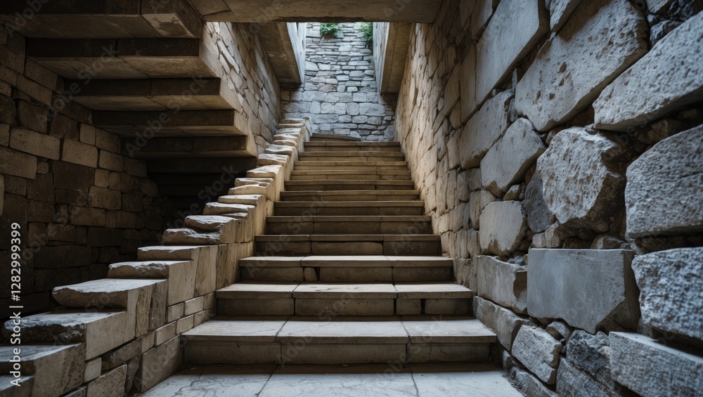 Poster staircase made of stone blocks leading upward in a narrow corridor with natural light filtering thro