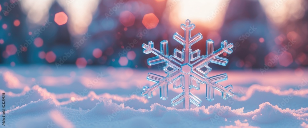 Aufkleber snowflake on sparkling snow during sunset with soft focus background bokeh effect in winter landscap