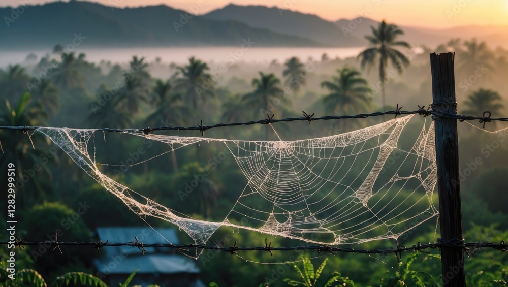 Poster Spider web on barbed wire with mountains and palm trees in the background during sunrise with mist in the landscape.