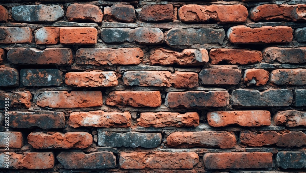 Poster red and gray weathered brick wall texture background with uneven surfaces and natural wear patterns