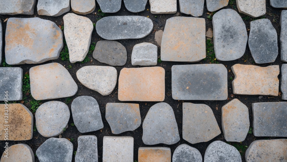 Poster Paved pathway of irregularly shaped stones in varying colors and textures on dark soil background