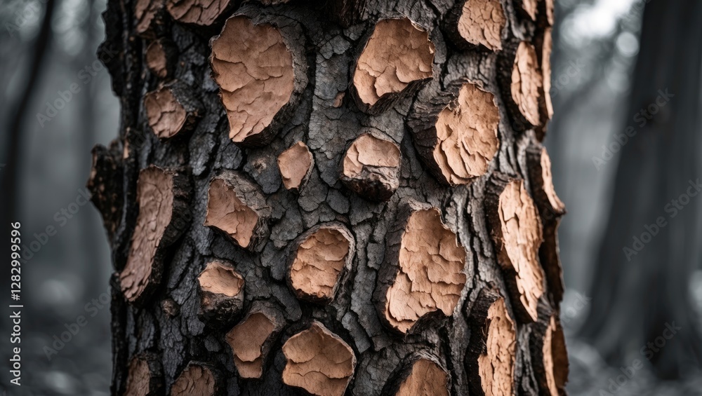 Poster Close-up view of textured tree bark with peeling layers in a forest environment showcasing natural patterns and monochromatic tones