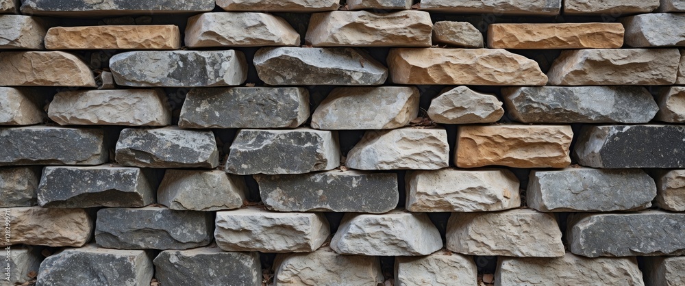 Poster Textured wall made of various sizes and colors of natural stone bricks arranged in a uniform pattern for architectural background.
