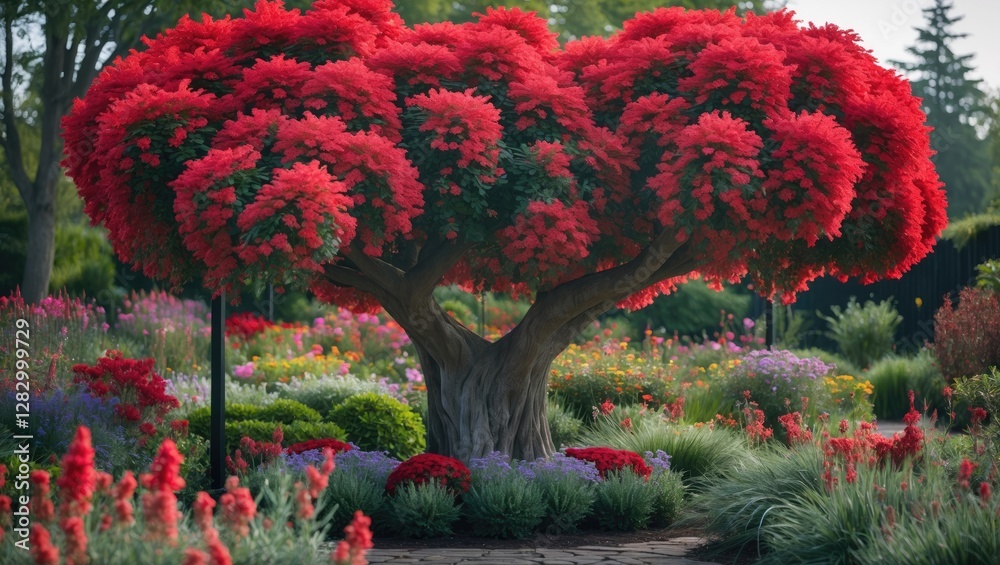 Poster red flowering tree with dense foliage surrounded by colorful blooms in a landscaped garden setting d