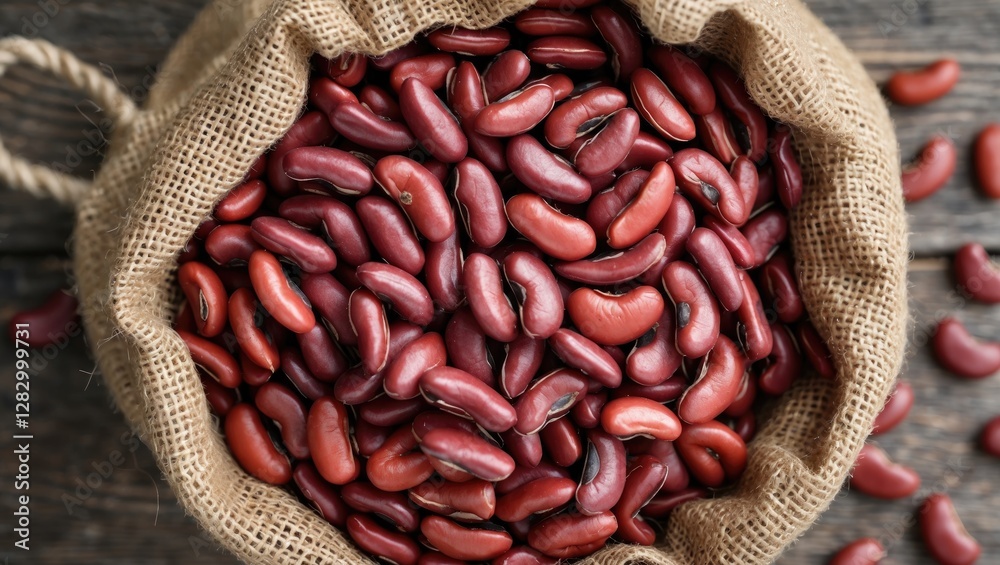 Poster red kidney beans in a burlap sack on a wooden surface with some beans scattered around