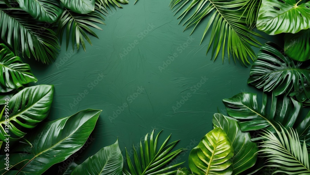 Poster green background framed with various tropical leaves creating a natural botanical border in a flat l