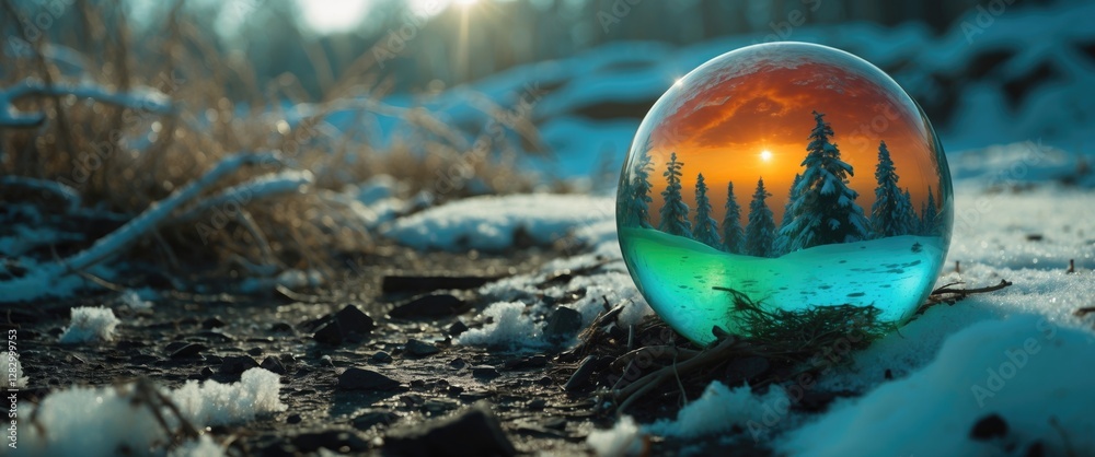 Poster snowy landscape reflected in a crystal sphere with sunset and evergreen trees in the background on a