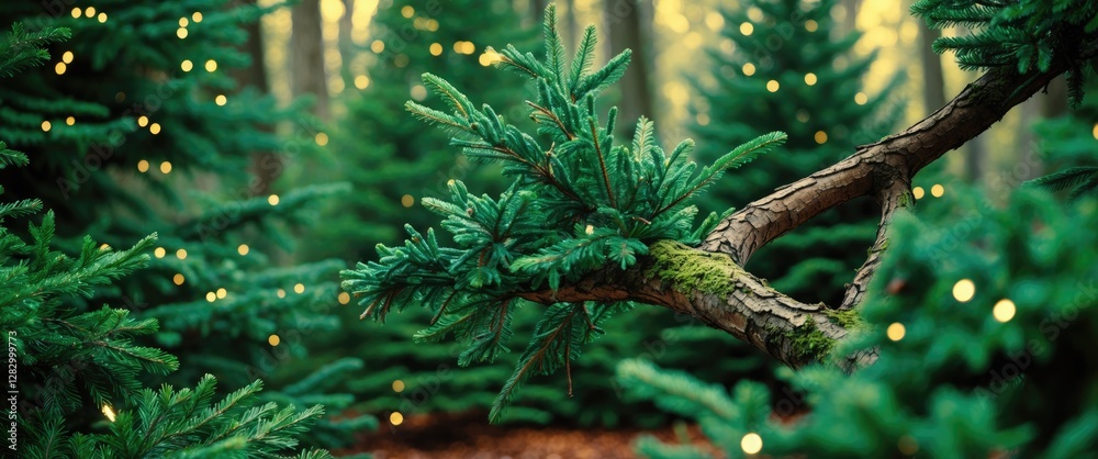 Poster dense evergreen forest with christmas lights on trees creating a festive atmosphere in natural light
