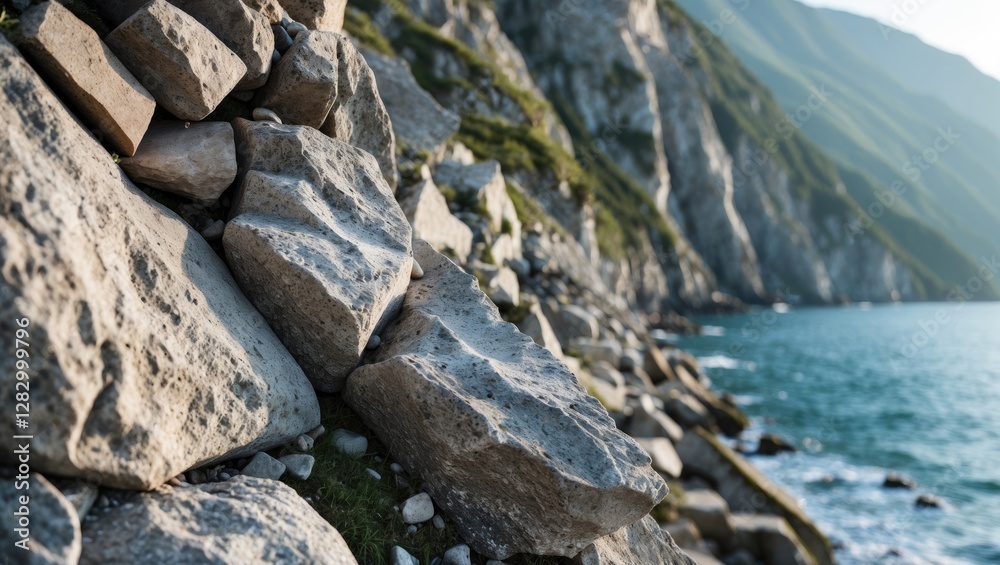 Poster coastal rocks along a serene shoreline with mountains in the background under natural sunlight in a 
