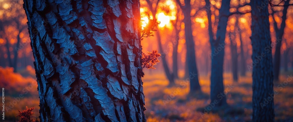 Poster close-up of textured tree bark in a forest during sunset with warm backlighting and blurred trees in