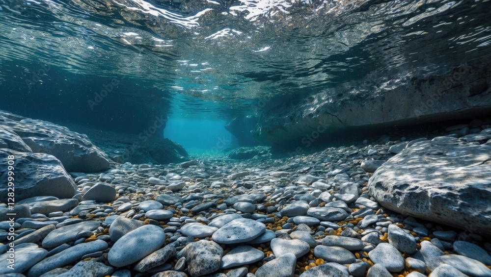 Aufkleber Underwater scene showing pebbles on the ocean floor with sunlight filtering through the water surface creating a tranquil ambiance