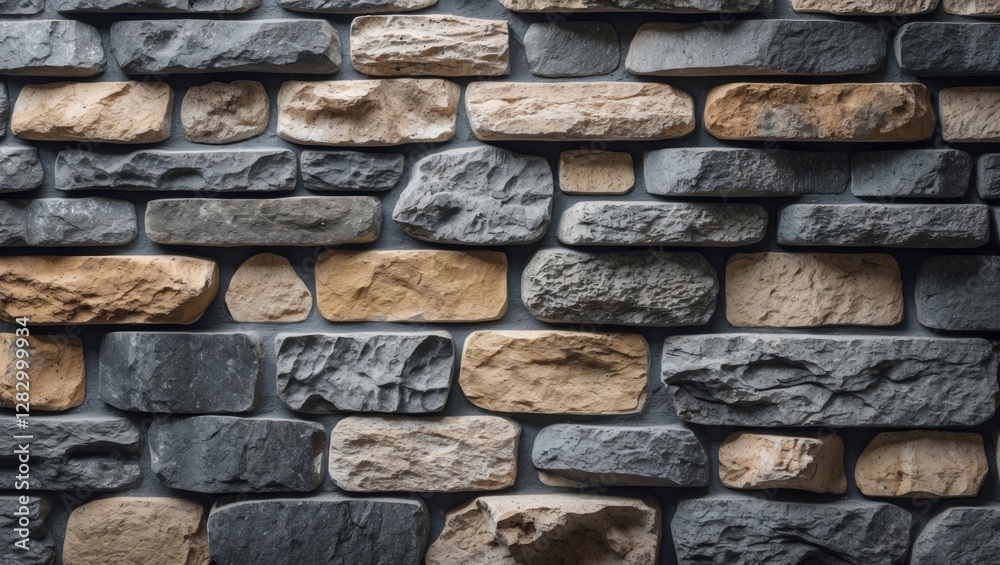 Aufkleber Textured natural stone wall with a mixture of black and beige stones arranged in a pattern suitable for background or design use.