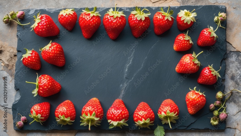 Poster Fresh ripe strawberries arranged in a decorative circular pattern on a textured dark slate background