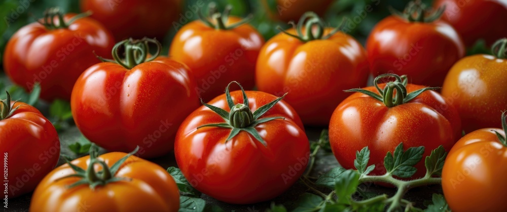 Aufkleber fresh ripe tomatoes arranged on a surface with green leaves and stems visible in a rustic kitchen se