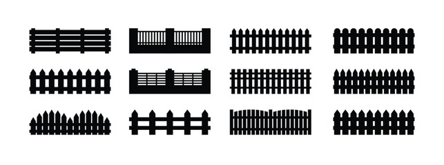Fence template element Icon Set Isolated. Silhouette Black Barrier for Protection Garden, House and Farm. Different Types Fences