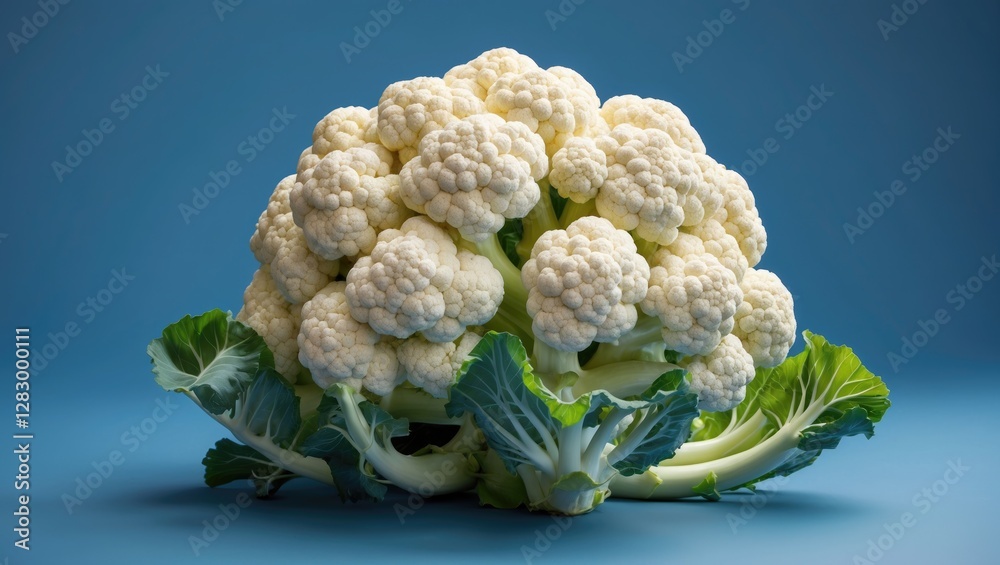 Poster Fresh cauliflower with green leaves set against a blue background highlighting its texture and shape in a studio setting.