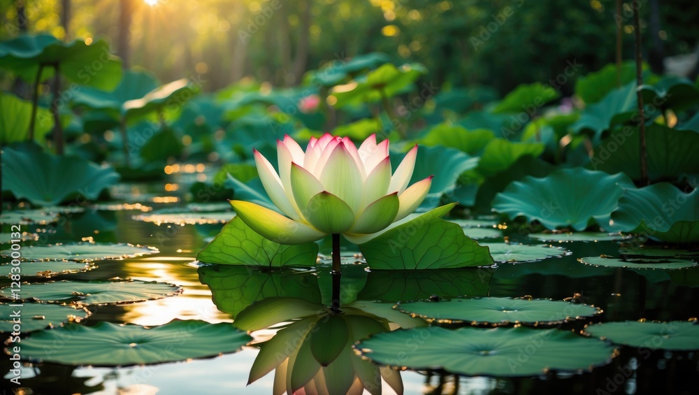 Poster blooming lotus flower surrounded by lily pads in a tranquil pond during sunset with soft light refle