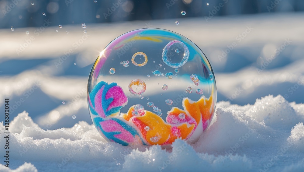Poster Colorful soap bubble with floral patterns resting on snow surface surrounded by small bubbles and bright sunlight reflecting off its surface