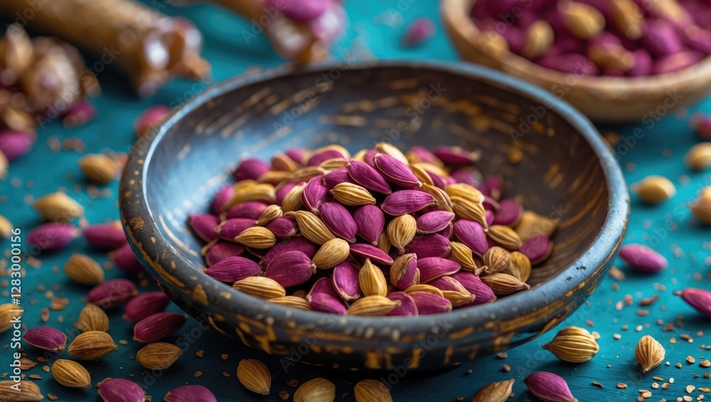 Poster Bowl filled with colorful pistachio nuts on a textured turquoise surface with scattered seeds and nuts in the background