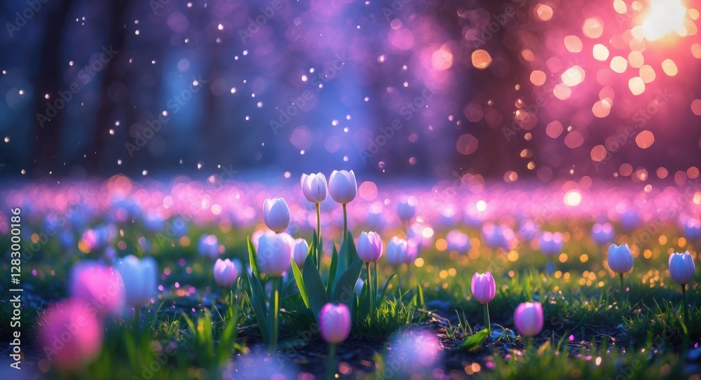 Aufkleber Colorful tulips in a vibrant field with soft bokeh lights and a dreamy atmosphere during spring time in a natural setting