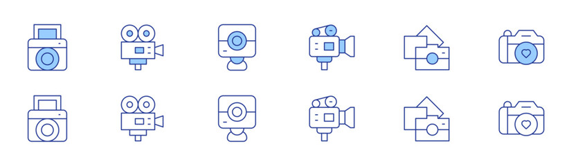 Fototapeta premium Camera icon set in two styles, Duotone and Thin Line style. Editable stroke. instant camera, video production, camera, film, photography, photo camera