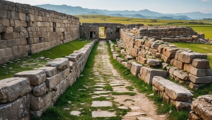 Mysterious ancient stone wall ruins surrounded by lush greenery and mountains under a clear blue sky inviting exploration and historical reflection