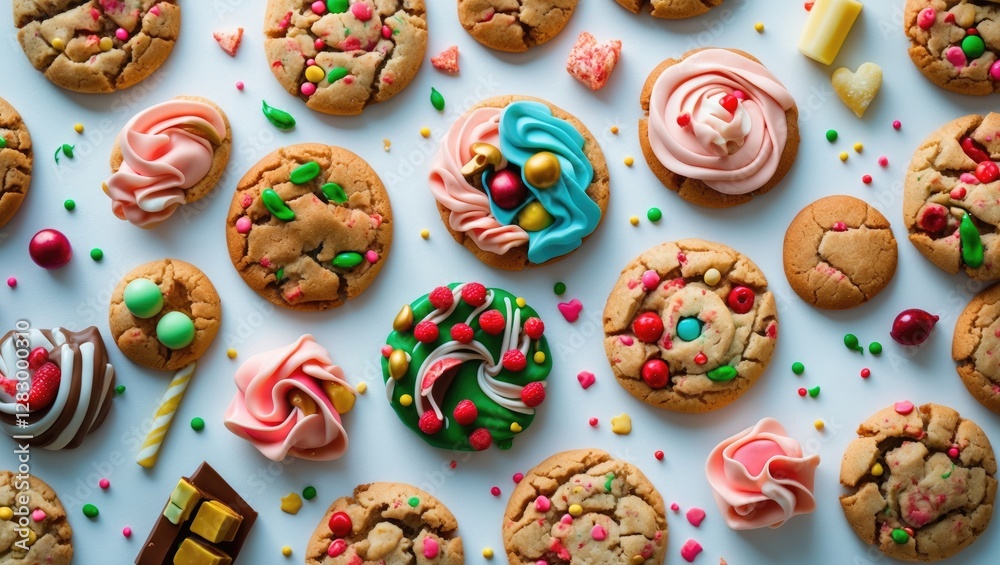 Poster colorful assortment of decorated cookies with icing and sprinkles on a white background arranged for