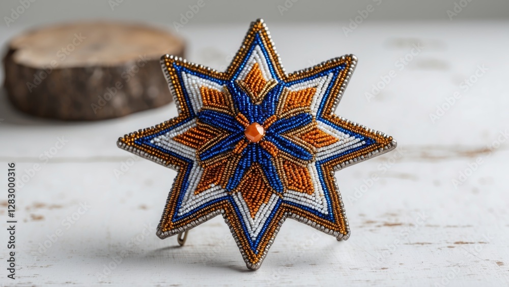 Poster colorful beaded star ornament on wooden background handmade decorative item with intricate patterns 