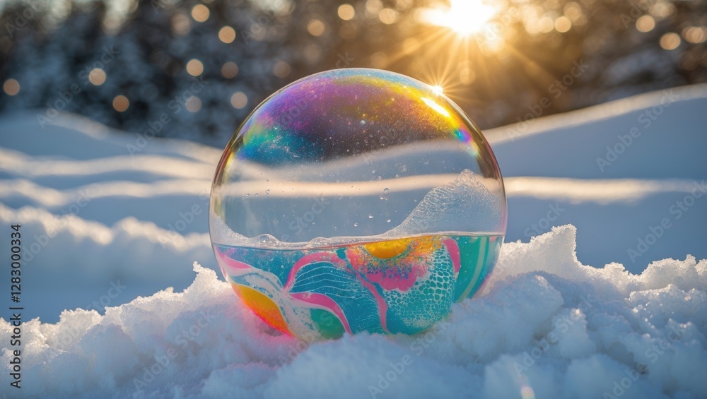 Aufkleber colorful soap bubble resting on snow with sunlight and blurred forest background creating a winter a