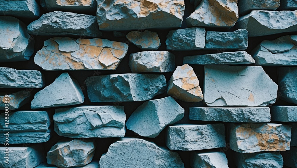 Poster textured stone wall with irregular shapes and colors in cool tones for architectural or design backg