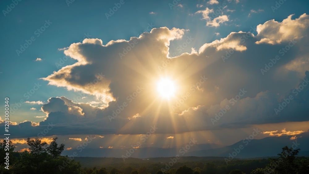 Poster sunlight breaking through clouds with rays illuminating a landscape during the golden hour in a moun