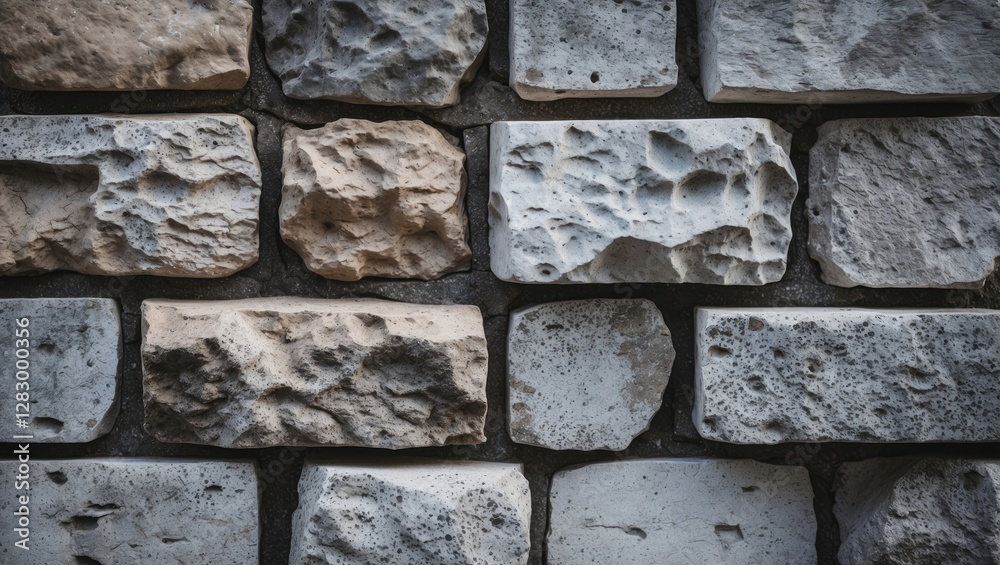 Poster textured stone wall background made of different sizes and shapes of gray and beige stones arranged 