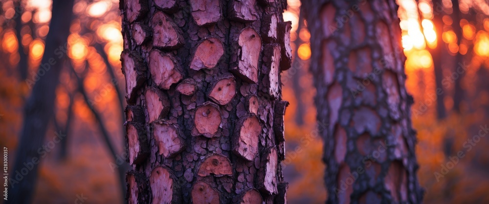 Aufkleber Close-up of tree bark with textured surface and warm sunset light in a forest setting during autumn season