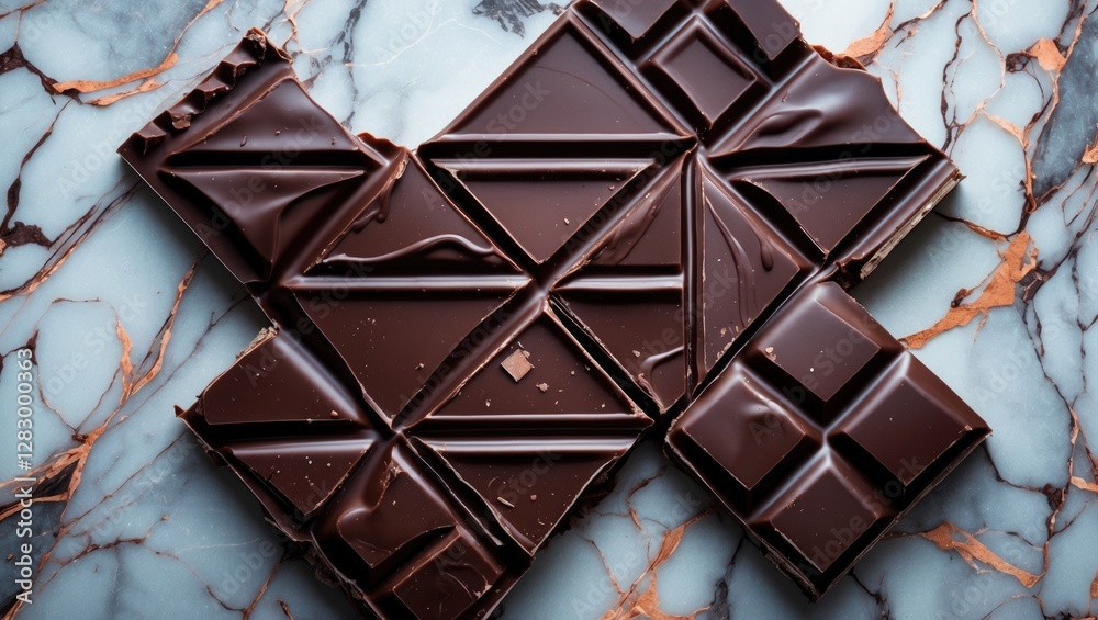 Poster Dark chocolate bar broken into pieces on a marble background with smooth texture and rich color contrast