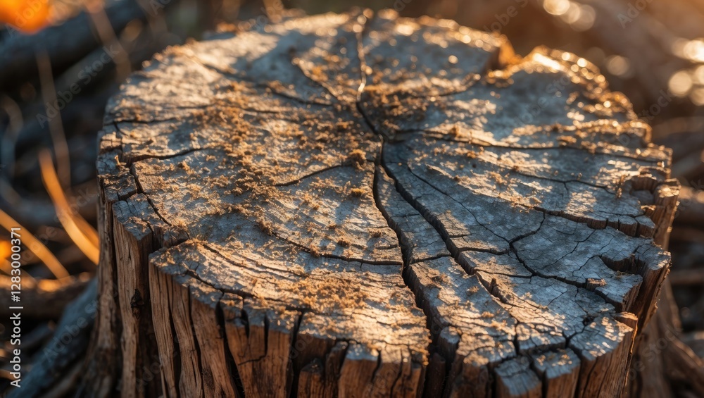 Poster textured tree stump with visible cracks and soil, backlit by warm sunlight, showcasing natural wood 