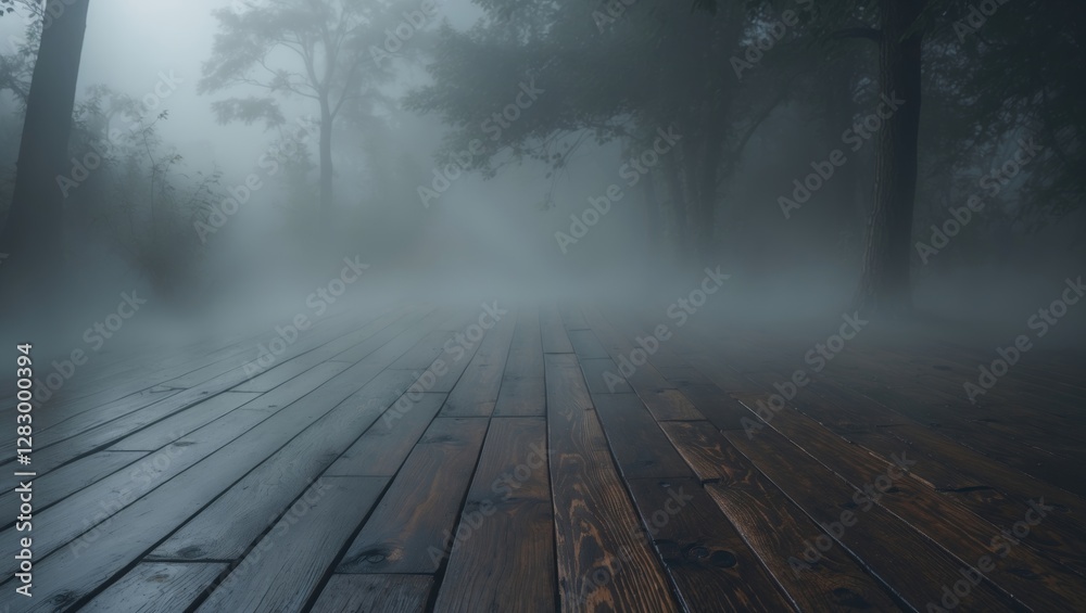 Poster misty forest landscape with wooden planks in the foreground and blurred trees in the background crea