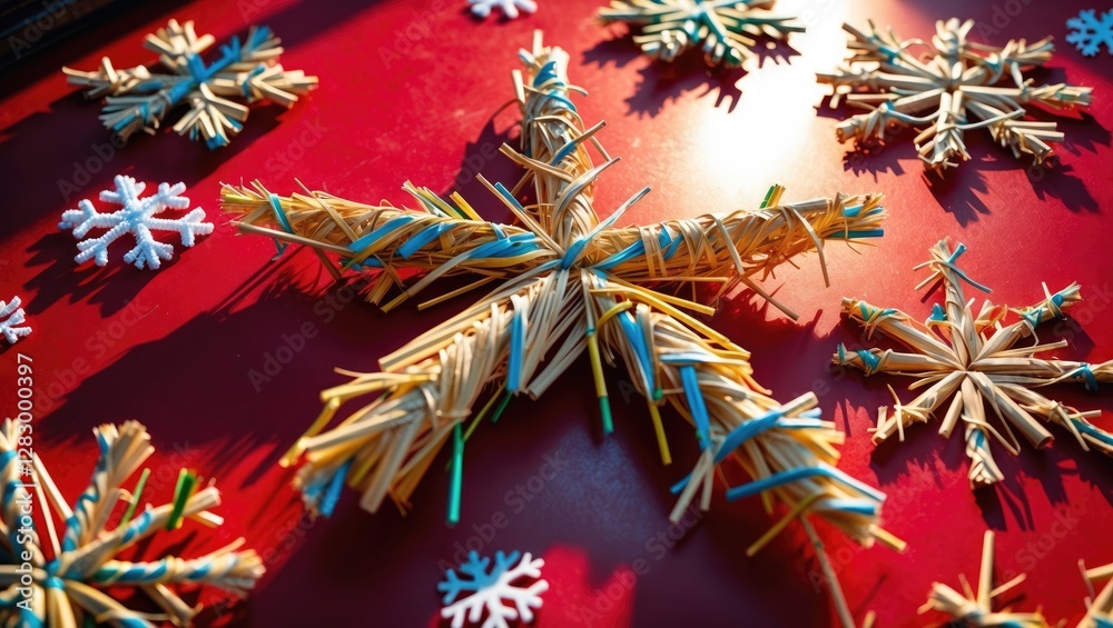 Poster decorative handmade snowflakes made from straw on a red background with colorful accents and shadows