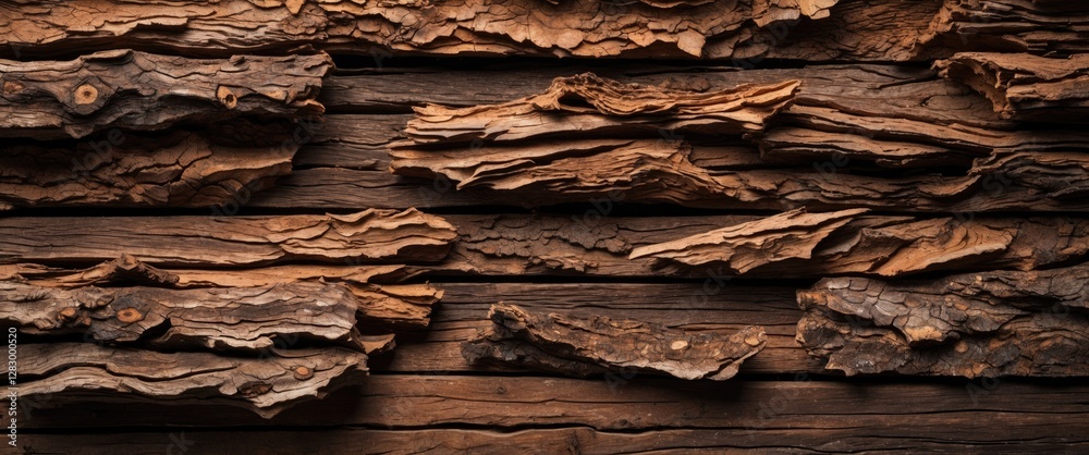 Poster Textured layers of bark on wooden surface showcasing natural patterns and earthy tones in a rustic setting