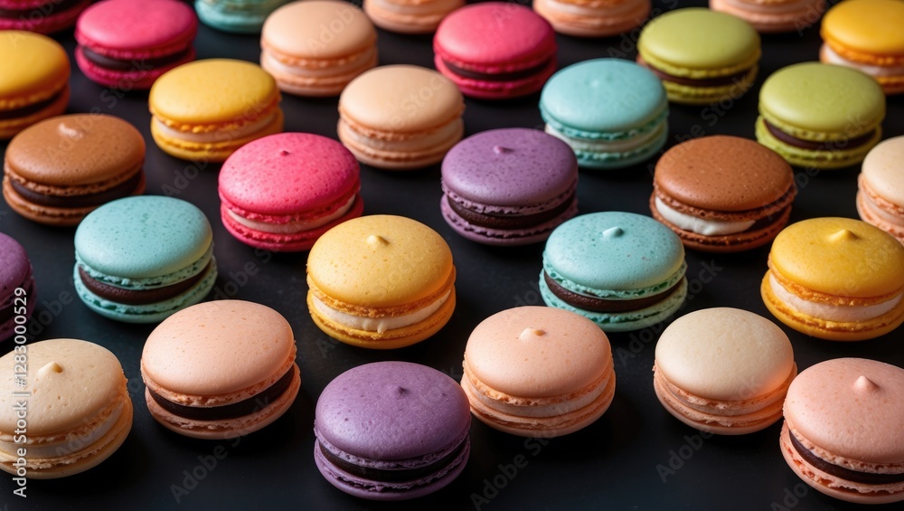 Poster colorful assortment of macarons on a dark surface showcasing diverse flavors and textures in a visua