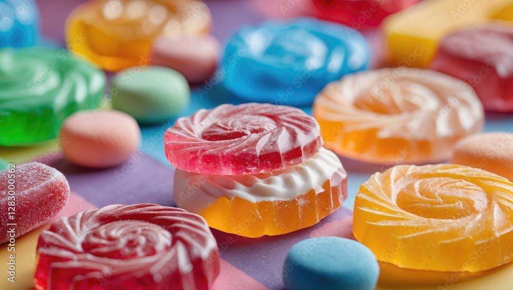 Poster colorful assorted candies in various shapes and textures on a pastel surface with focus on lollipops