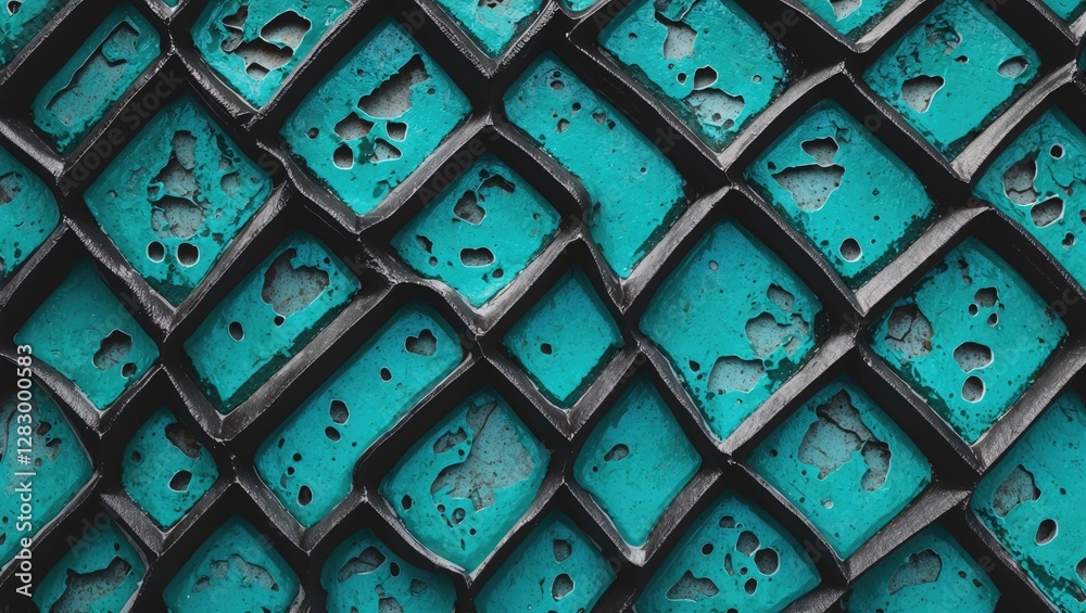 Poster textured surface of weathered blue-green tiles arranged in a diamond pattern with visible wear and i