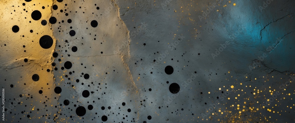 Poster Abstract textured background with black circles and golden spots on a gradient blue and gray surface.