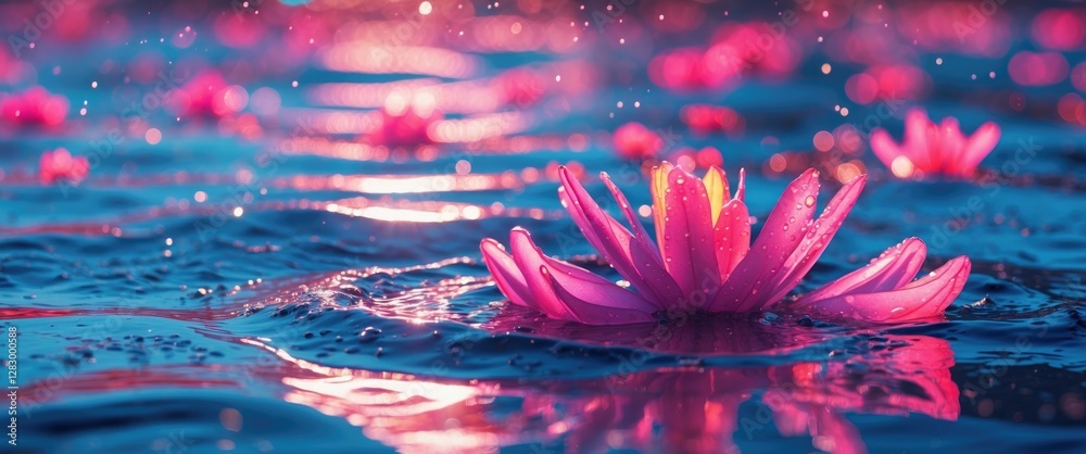 Poster vibrant water lilies floating on a serene lake with sparkling water droplets under soft light reflec