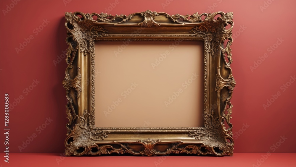 Poster ornate vintage picture frame with intricate design on a solid red background, empty space for artwor