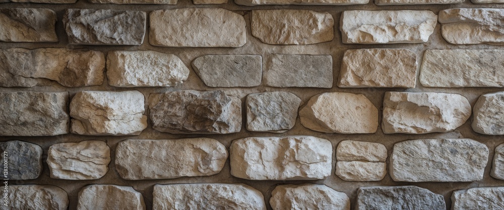 Poster Textured stone wall with various sizes and colors of natural stones arranged in a pattern for architectural or decorative backgrounds