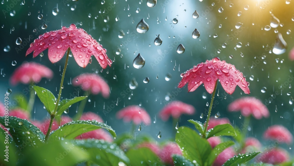 Poster pink flowers with raindrops on petals in a garden setting during a rainy day with a soft focus backg