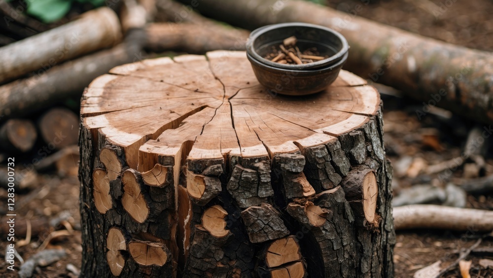 Poster wooden tree stump with cracks and a small bowl of spices placed on top, surrounded by logs in a natu