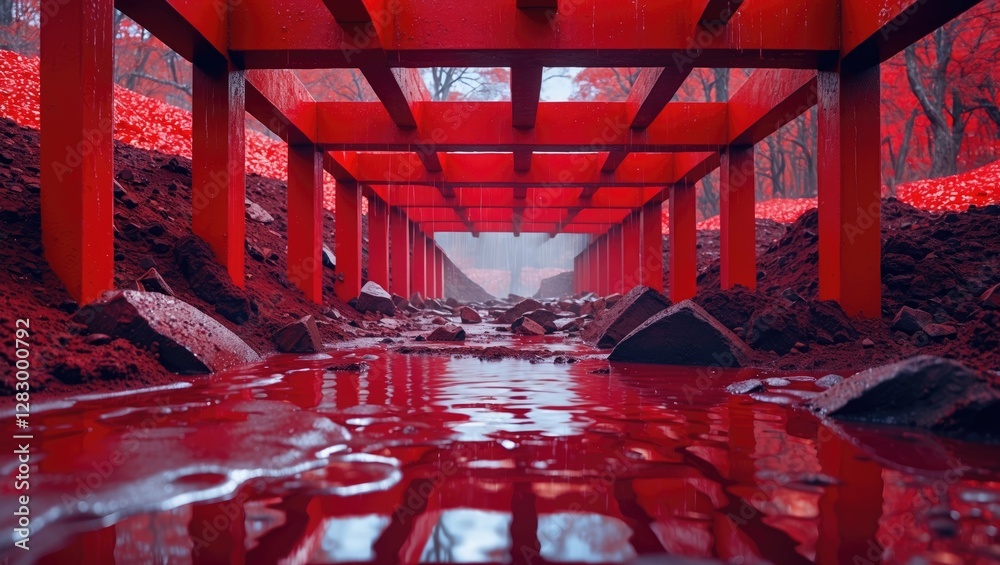 Poster red landscape with wooden structures reflected in water, surrounded by red foliage and rocky terrain