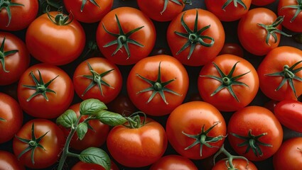 Vibrant assortment of fresh ripe tomatoes with green leaves ideal for food advertising and culinary backgrounds.